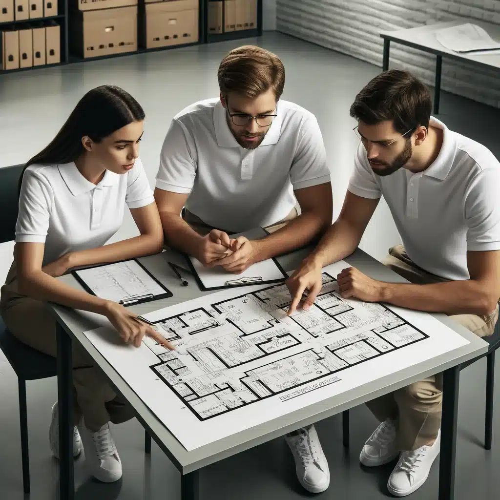 Three People In Polo Shirts Seated Around A Table Creating An Emergency Evacuation Plan. They Are Gathered Around A Table With A Large Floor Plan Map