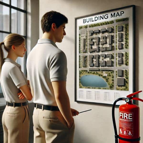 two people in polo shirts and khakis are standing looking at a building map. there's a fire extinguisher in the foreground.